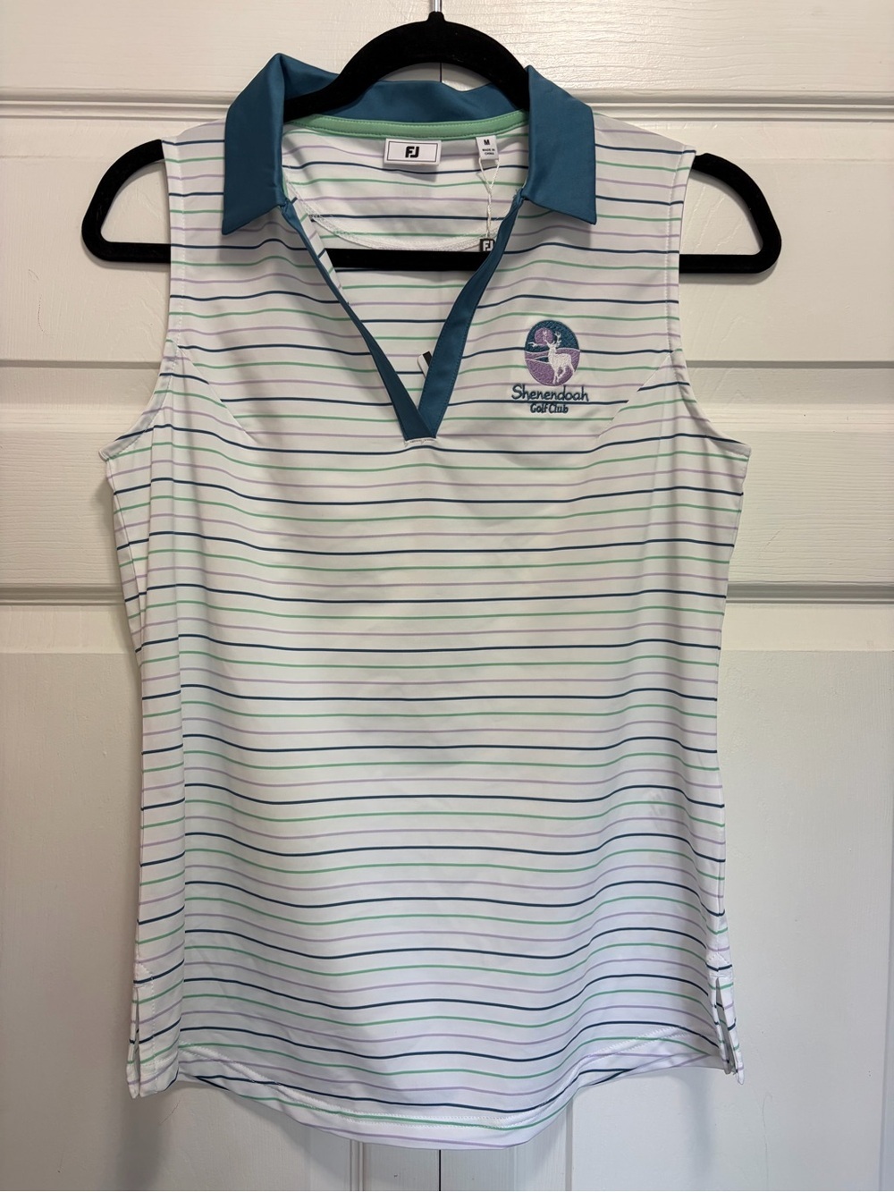 FootJoy White Striped Sleeveless Golf Polo with Teal Collar